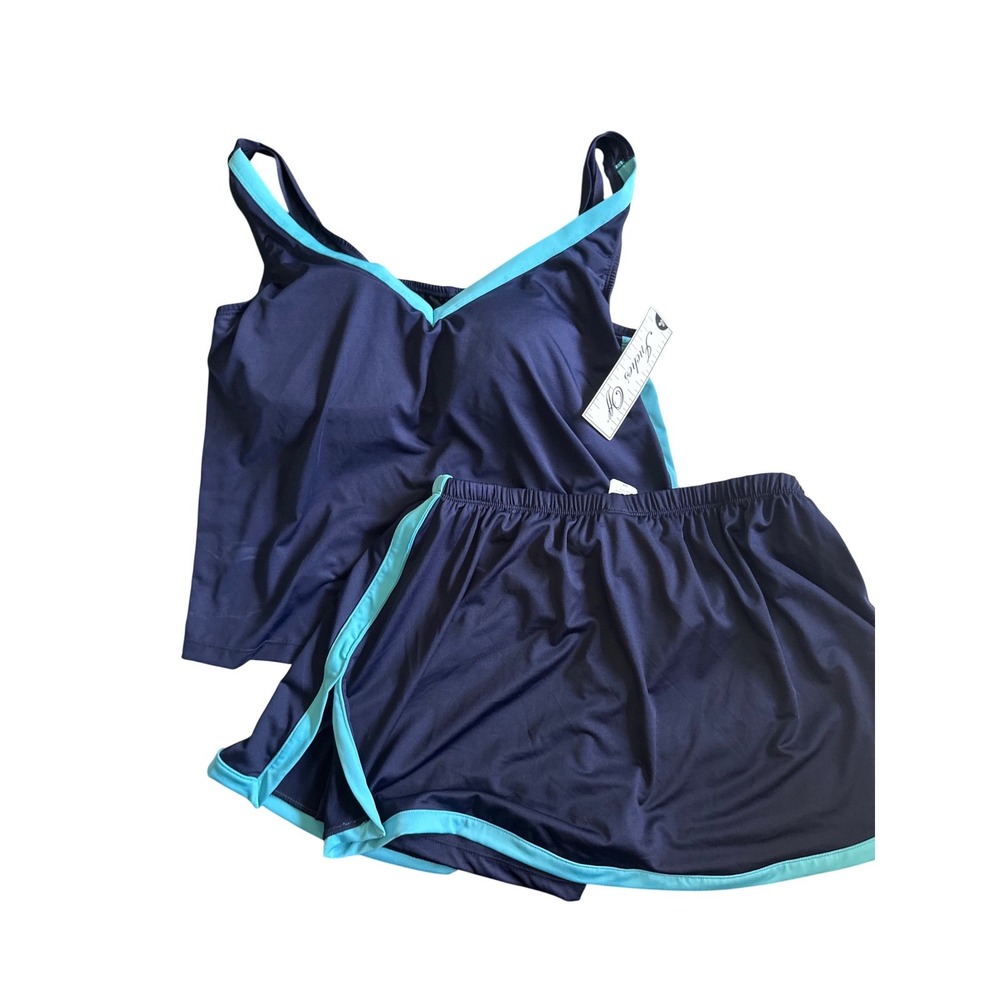Inches Off Swimwear Navy Turquoise Tankini Swim Skirt Set 18W NWT Slimming